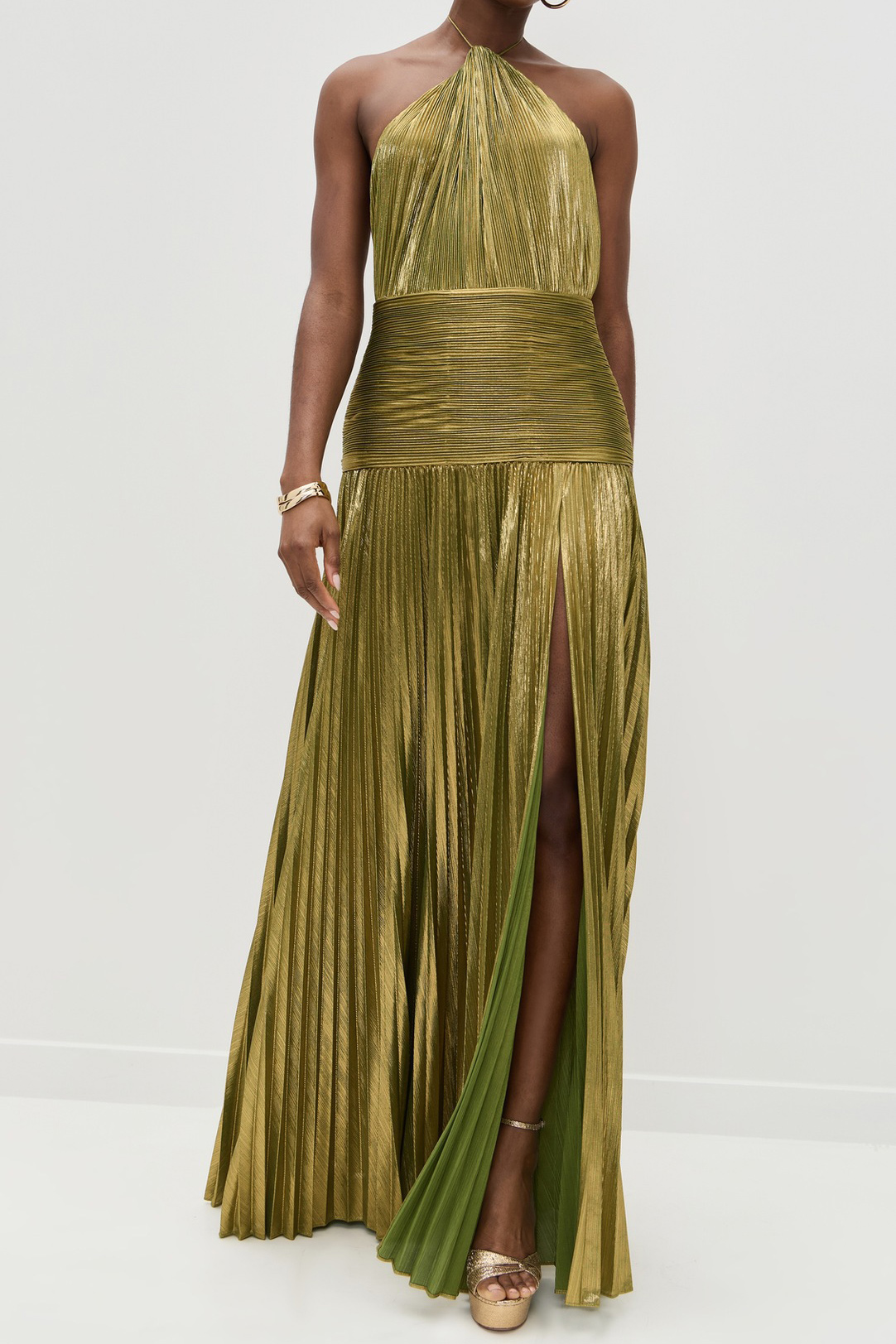 Metallic Pleated Halter Maxi Slit Gown