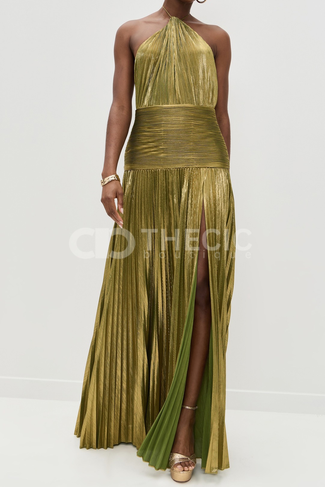 Metallic Pleated Halter Maxi Slit Gown