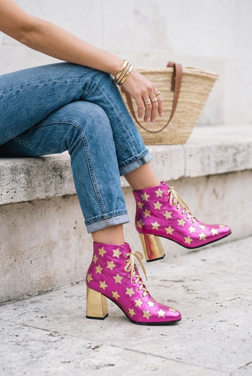 Metallic Star Print Lace-Up Block Heel Ankle Boots