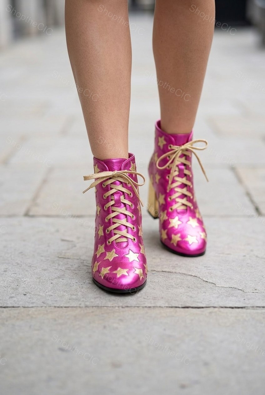 Metallic Star Print Lace-Up Block Heel Ankle Boots