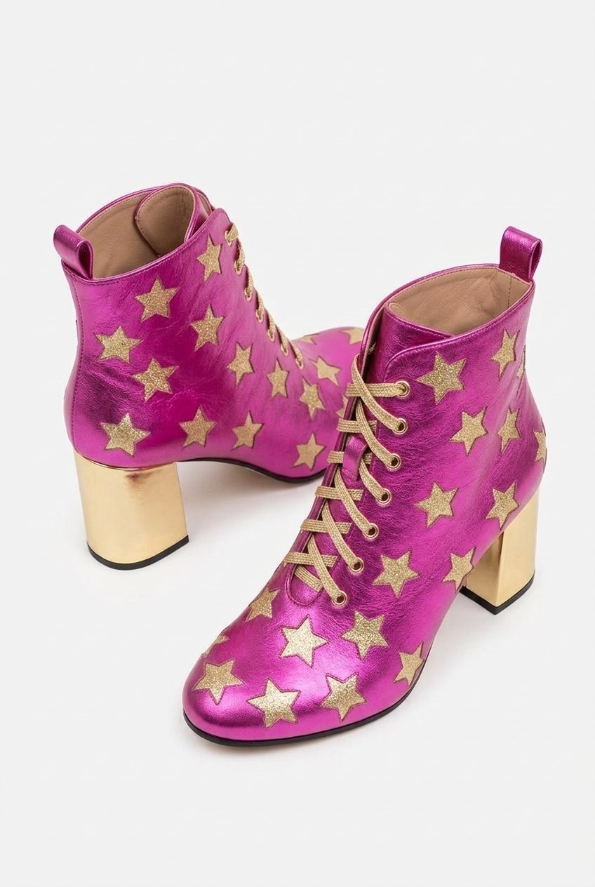 Metallic Star Print Lace-Up Block Heel Ankle Boots