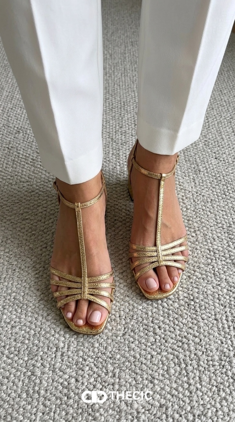 Metallic T-Strap Block Heel Sandals