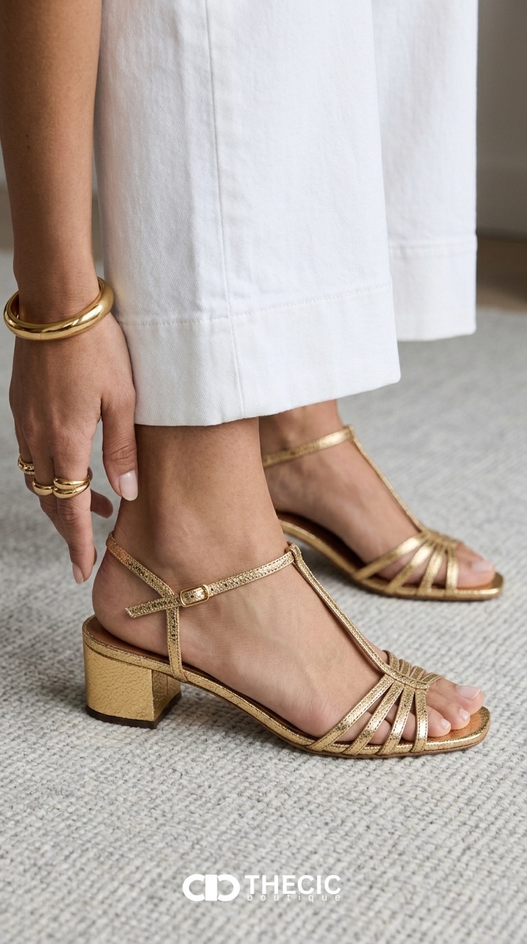 Metallic T-Strap Block Heel Sandals
