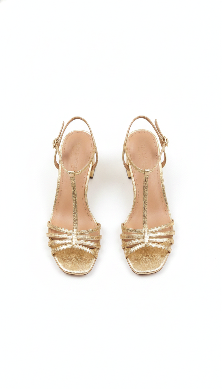 Metallic T-Strap Block Heel Sandals