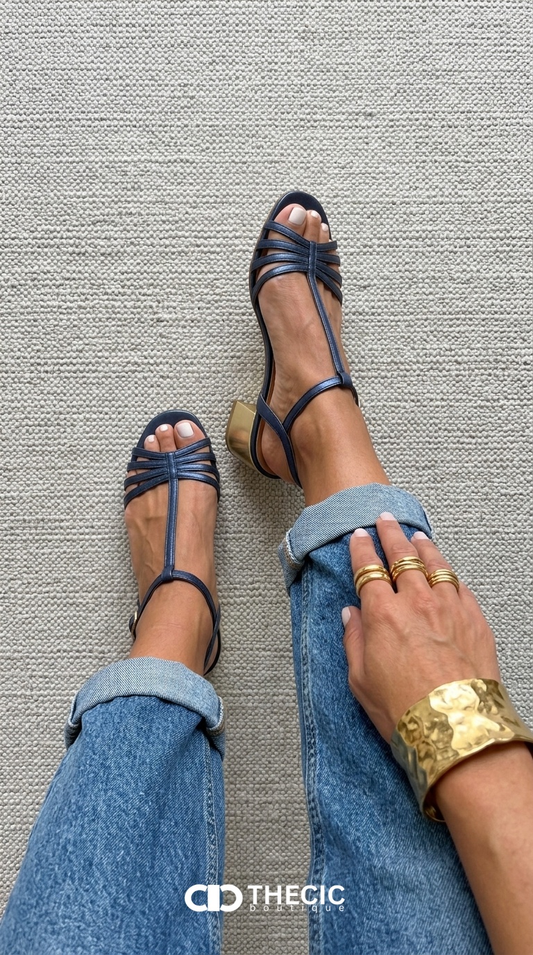 Metallic T-Strap Multi-Strap Block Heel Sandals