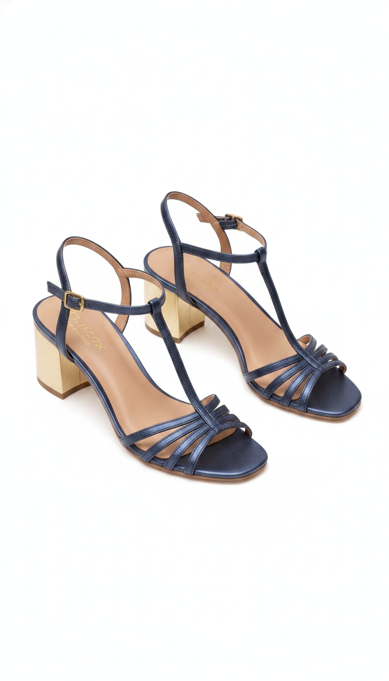 Metallic T-Strap Multi-Strap Block Heel Sandals