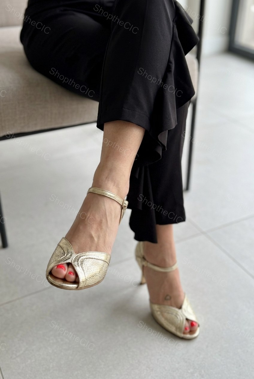 Metallic Textured Peep Toe Ankle Strap Heels