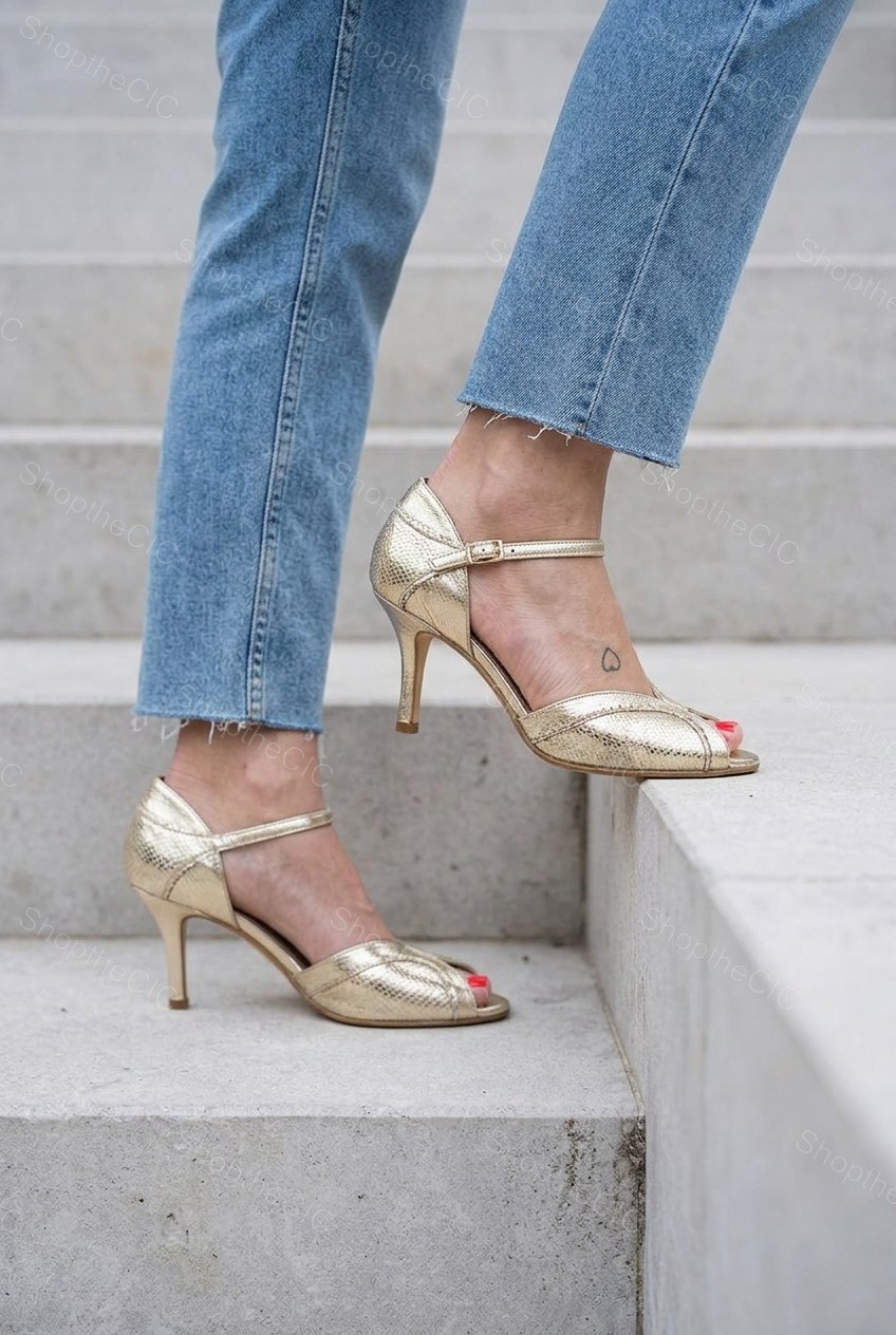 Metallic Textured Peep Toe Ankle Strap Heels