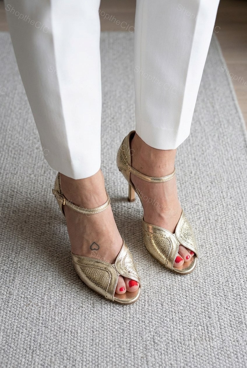 Metallic Textured Peep Toe Ankle Strap Heels