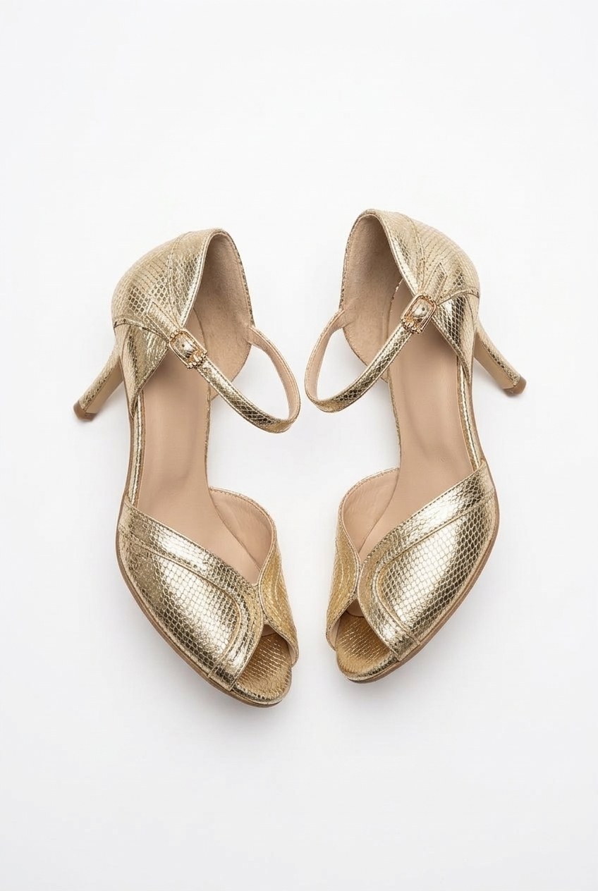 Metallic Textured Peep Toe Ankle Strap Heels