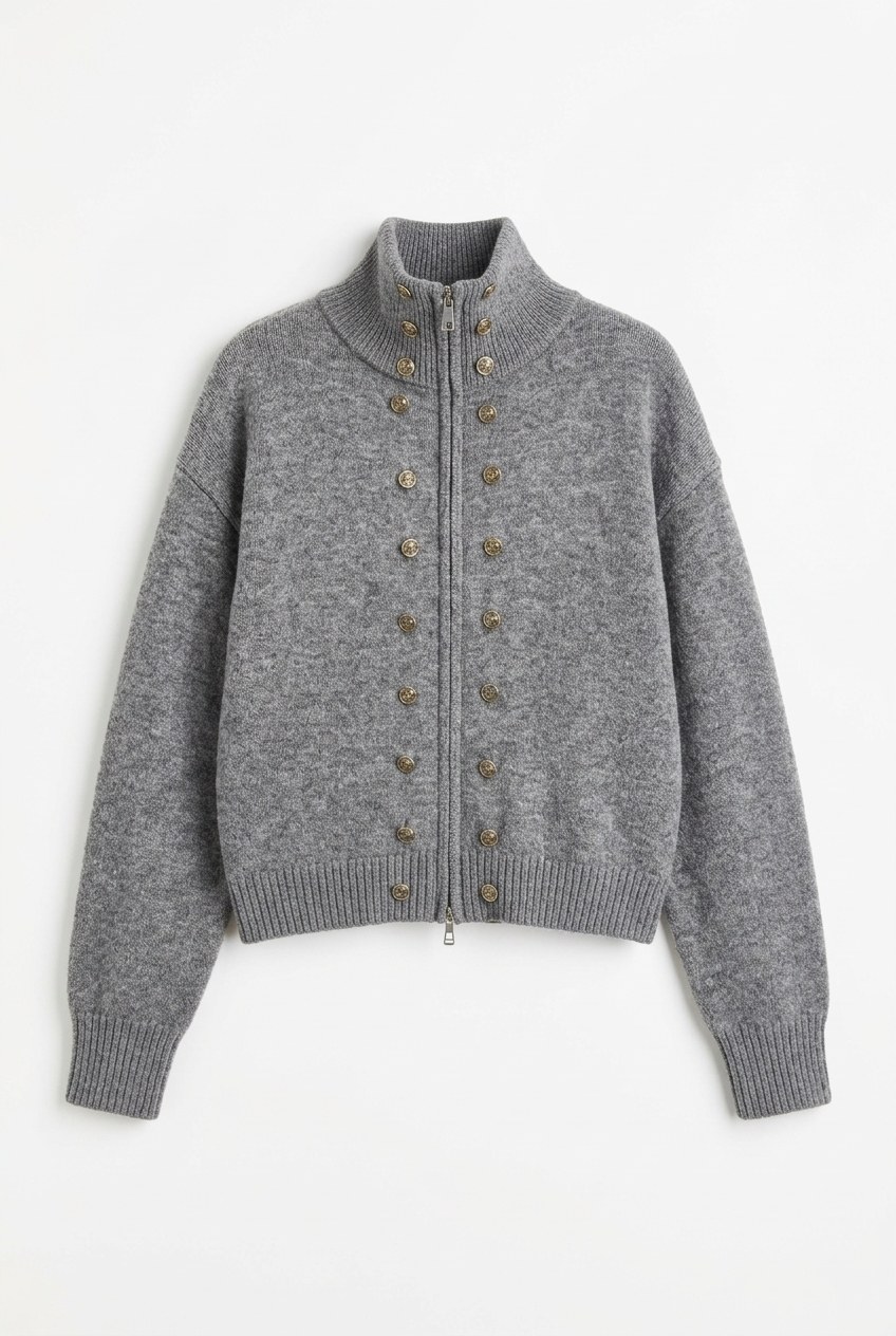 Mock Neck Button Detail Zip-Up Knit Cardigan