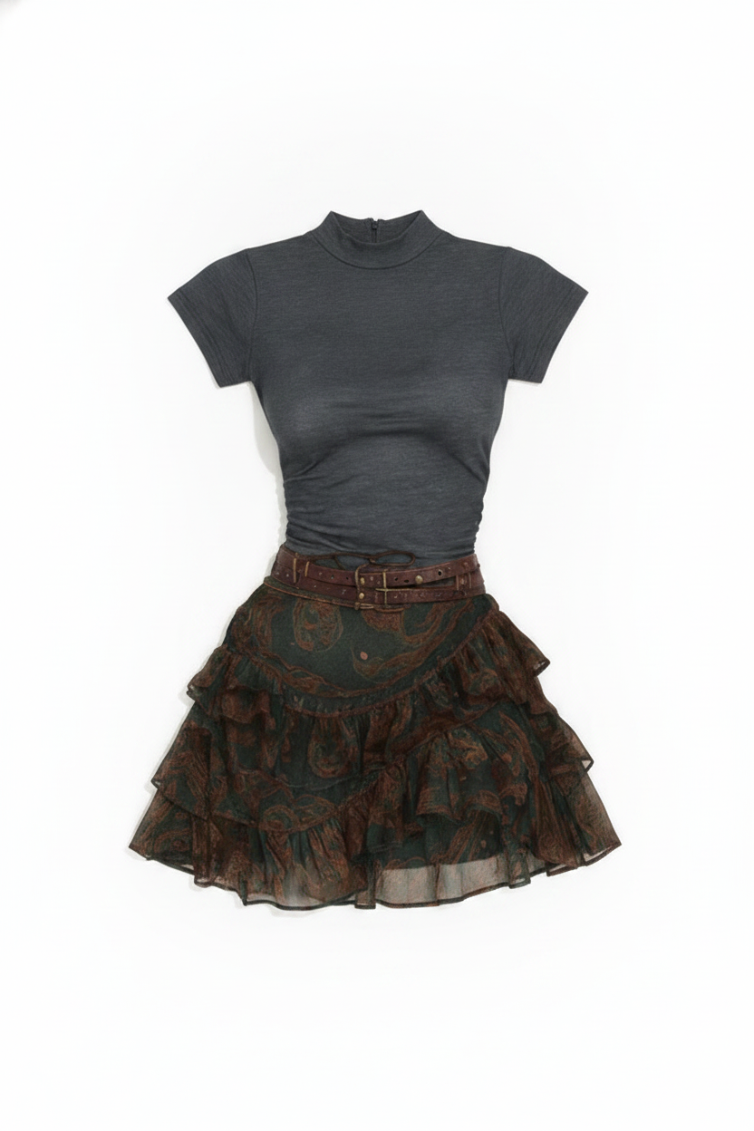 Mock-Neck Short-Sleeve Top Paisley Ruffle Mini Skirt Set