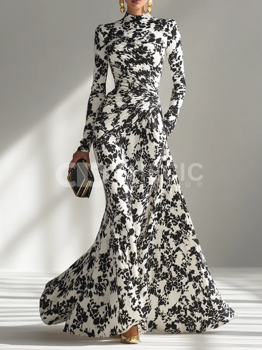 Monochrome Floral Ruched High-Neck Gown