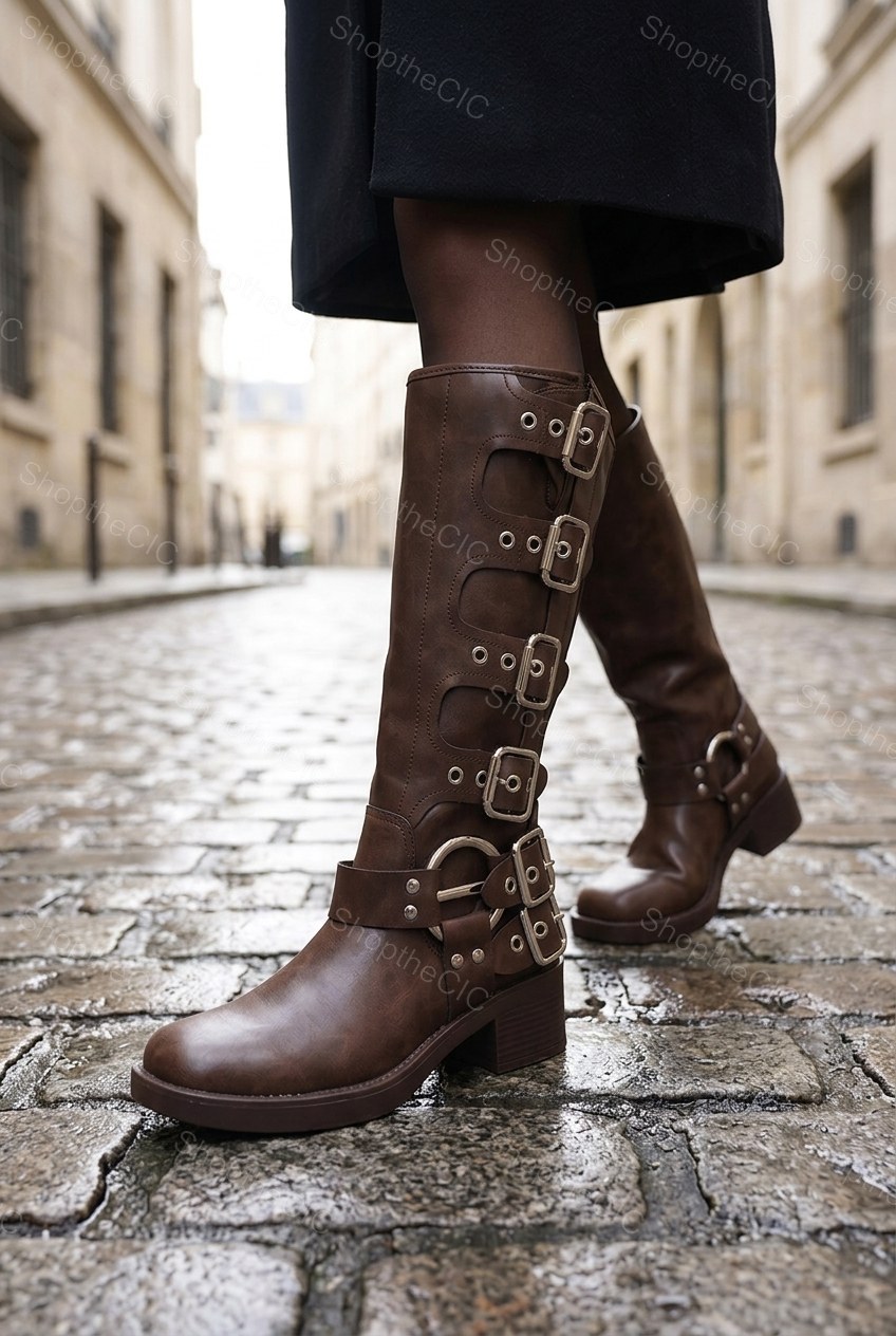 Multi-Buckle Harness Round-Toe Knee-High Boots