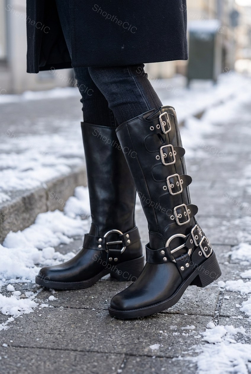 Multi-Buckle Harness Round-Toe Knee-High Boots