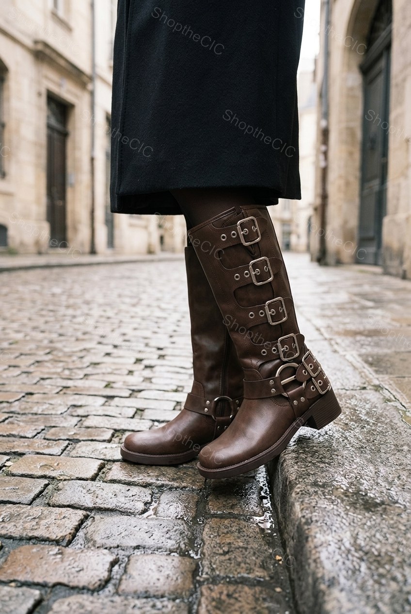 Multi-Buckle Harness Round-Toe Knee-High Boots