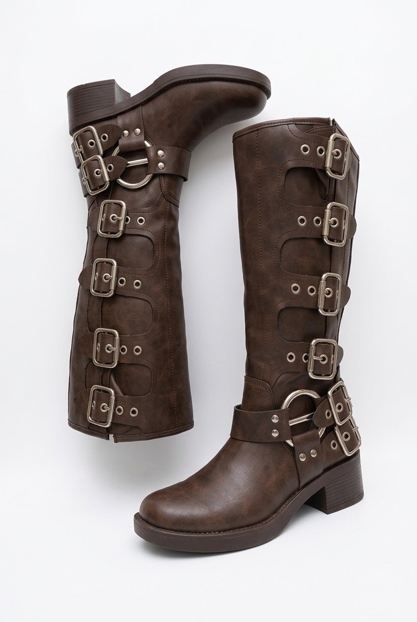 Multi-Buckle Harness Round-Toe Knee-High Boots