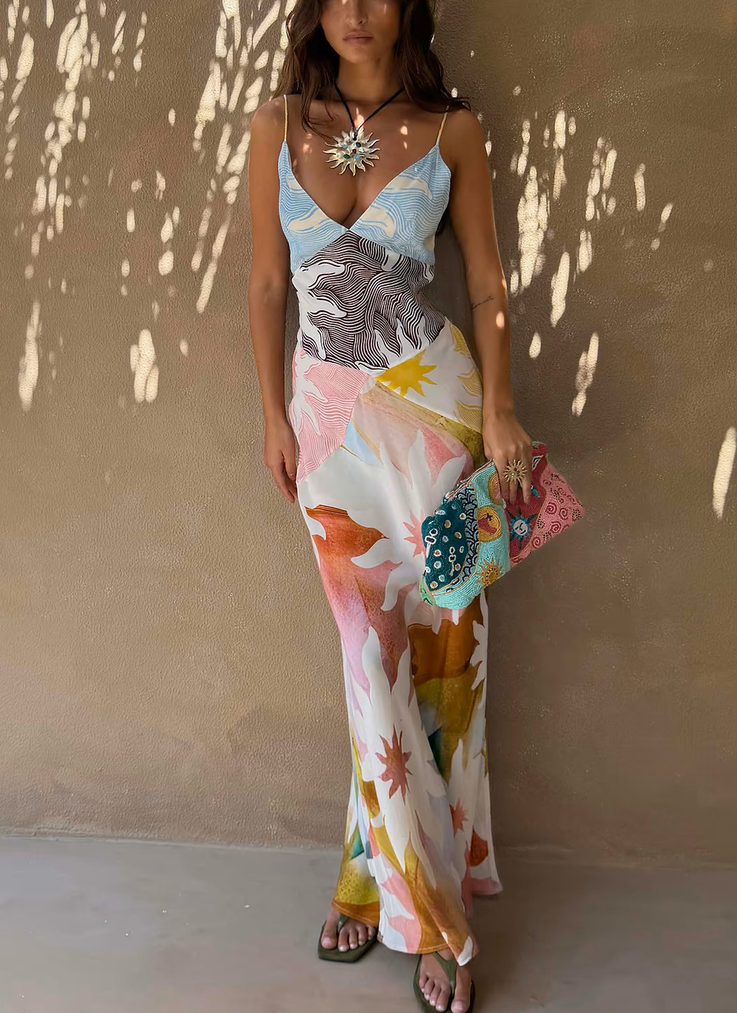 Multicolor Abstract Print V-Neck Slip Maxi Dress