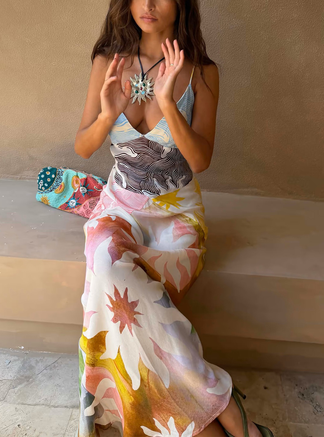 Multicolor Abstract Print V-Neck Slip Maxi Dress