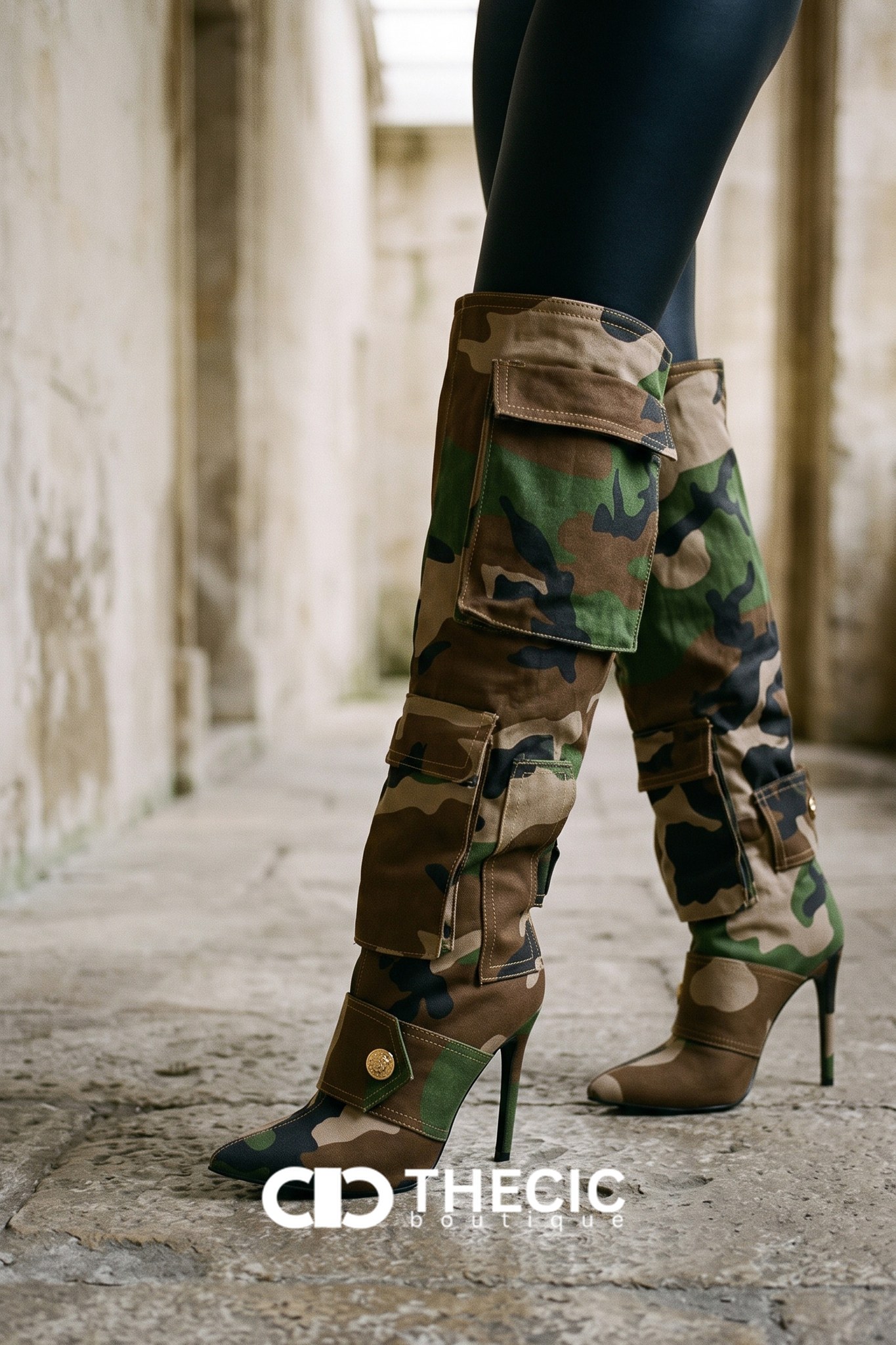 Camo Knee-High Boots | Cargo Pocket Stiletto Boots | Streetwear Boots