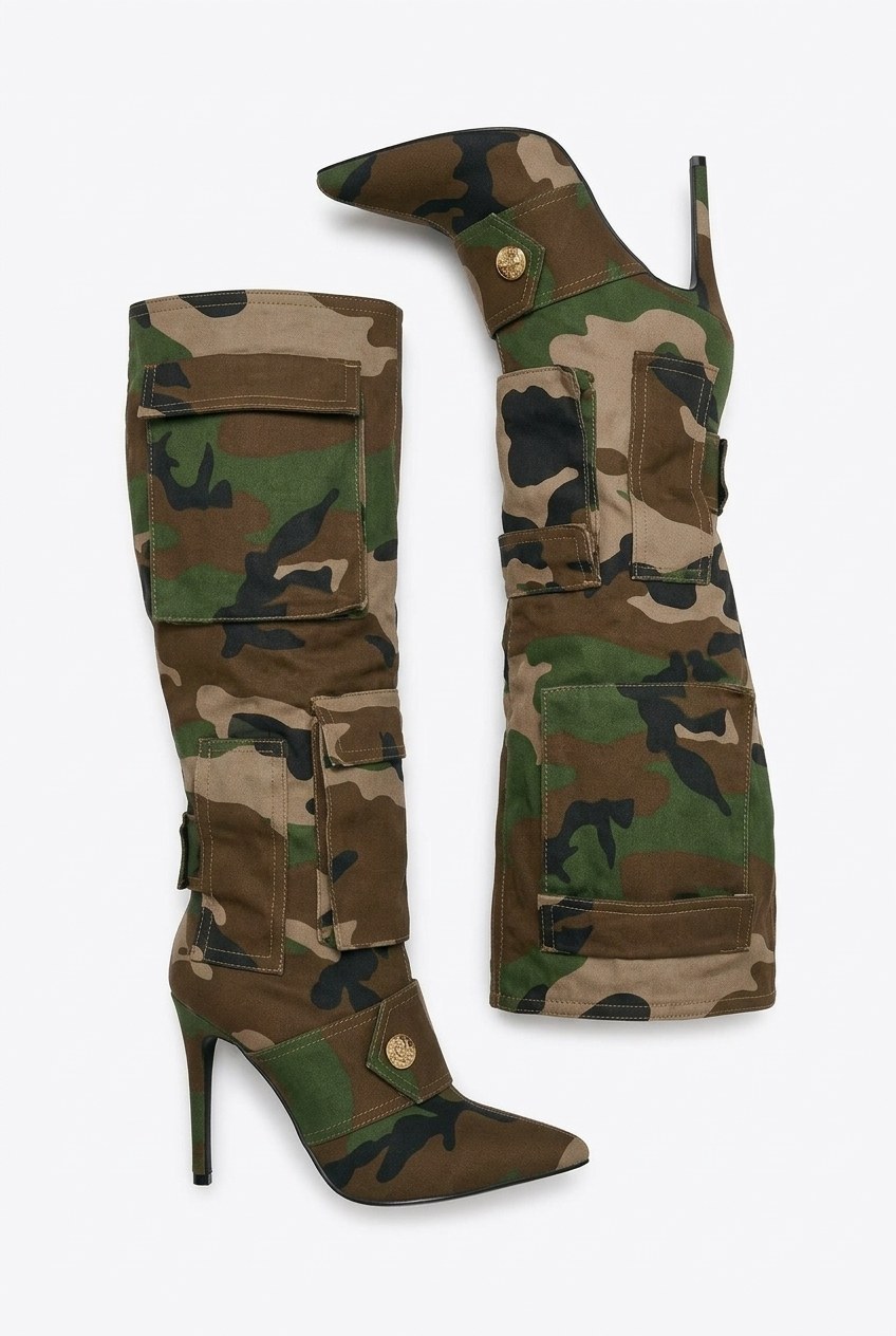Camo Cargo Pocket Stiletto Knee-High Boots