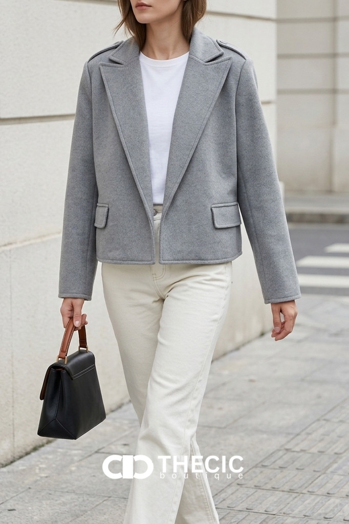 Notched Lapel Cropped Shoulder Epaulet Jacket