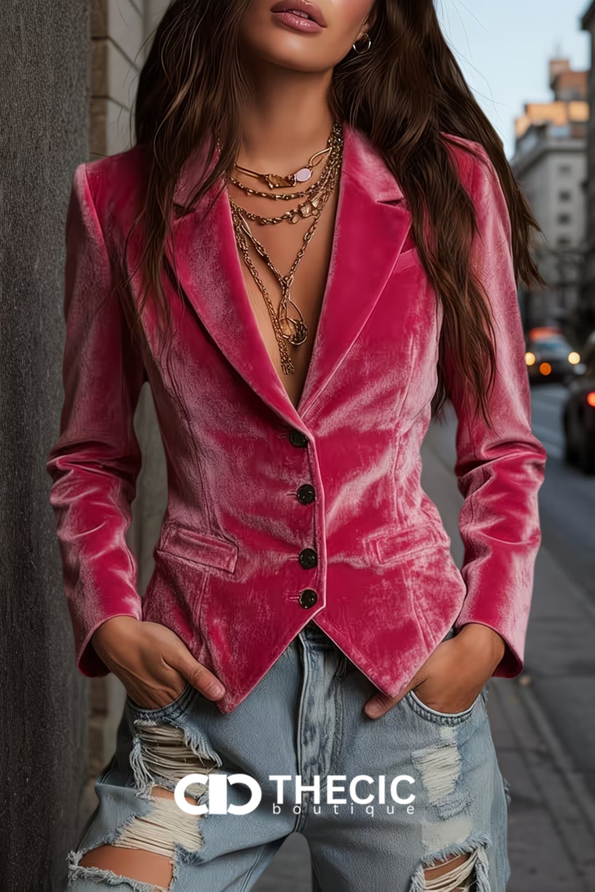 Notched Lapel Velvet Fitted Blazer Jacket