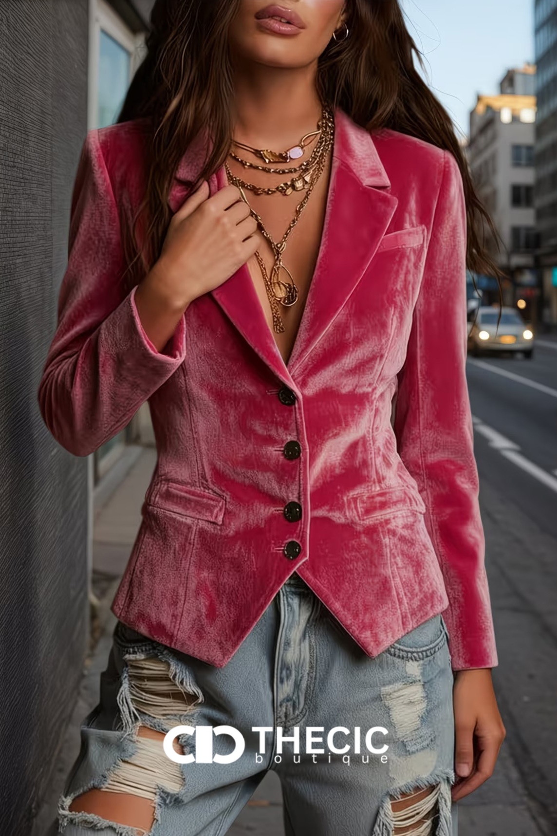 Notched Lapel Velvet Fitted Blazer Jacket
