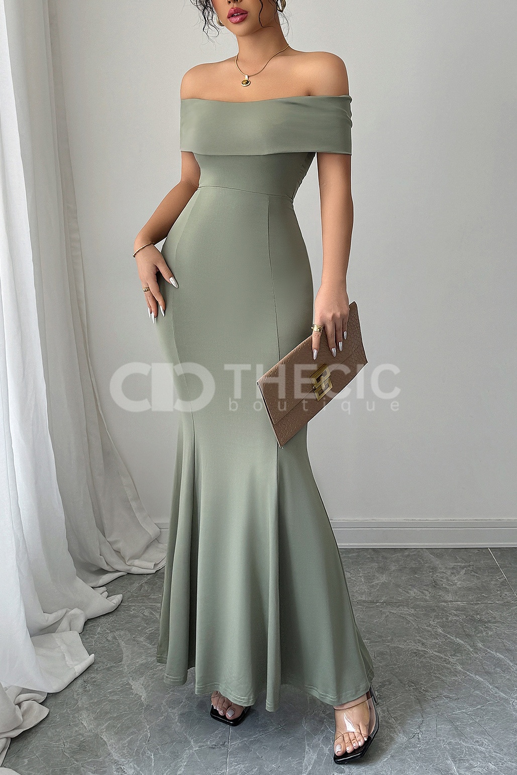 Off-Shoulder Foldover Ruched Mermaid Maxi Dress