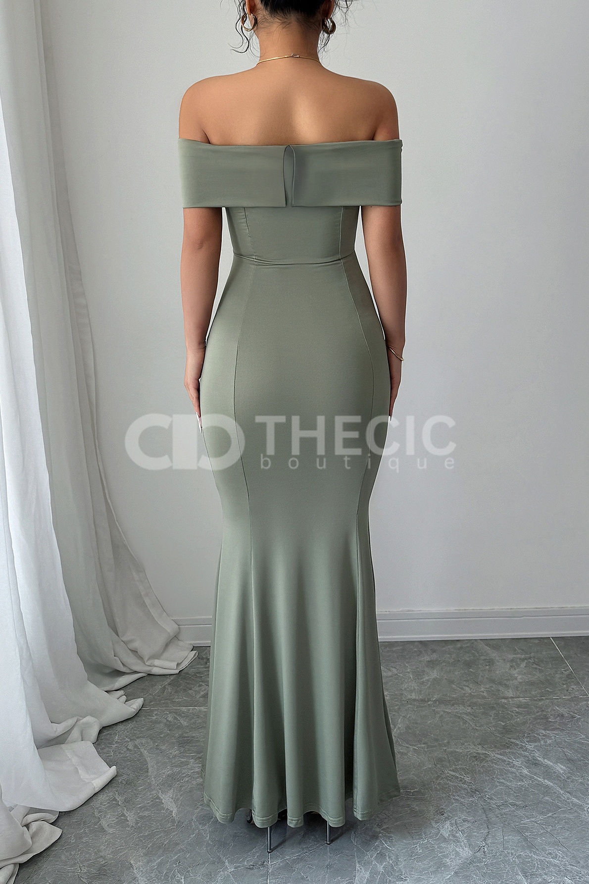 Off-Shoulder Foldover Ruched Mermaid Maxi Dress