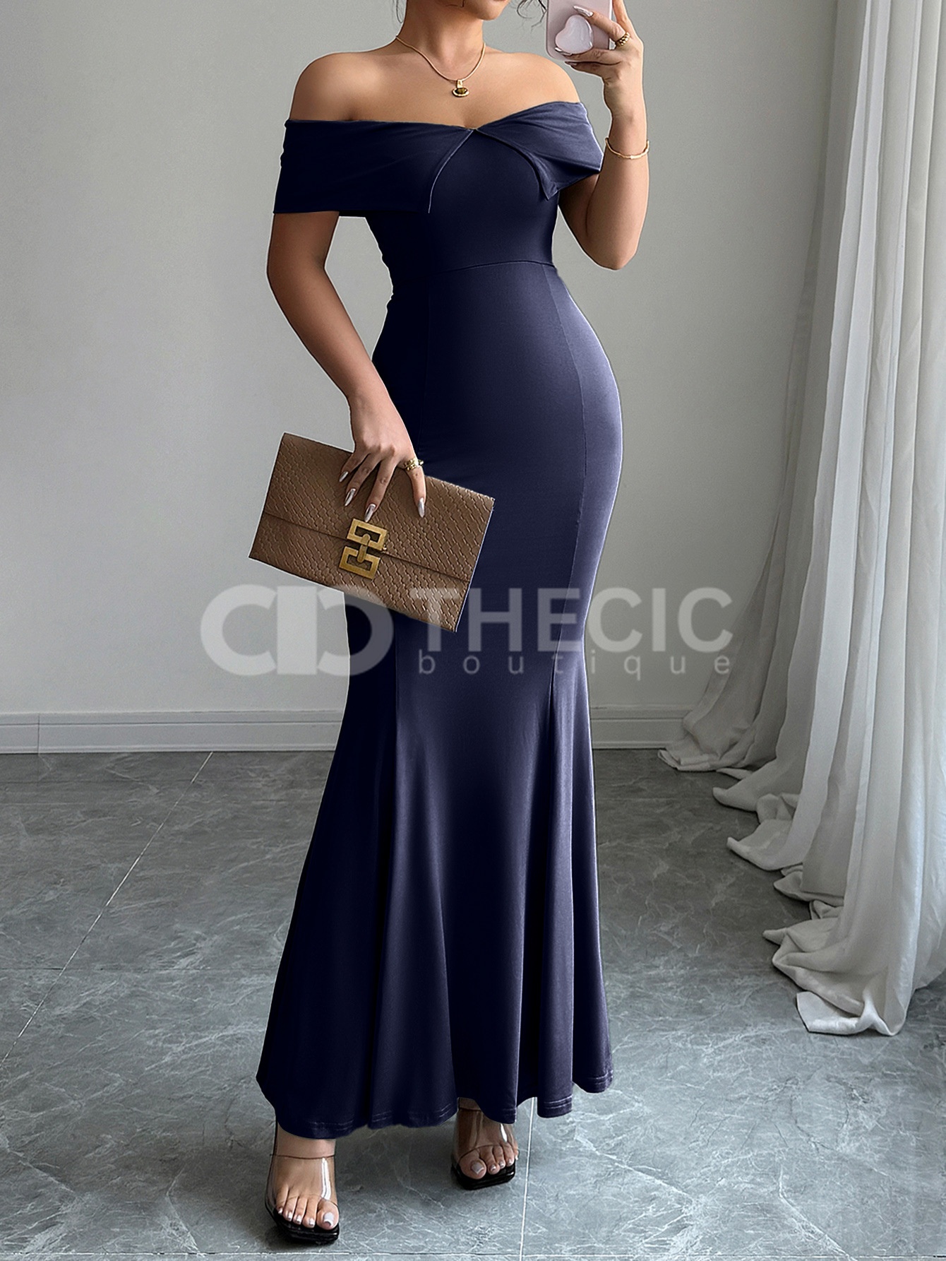 Off-Shoulder Foldover Ruched Mermaid Maxi Dress