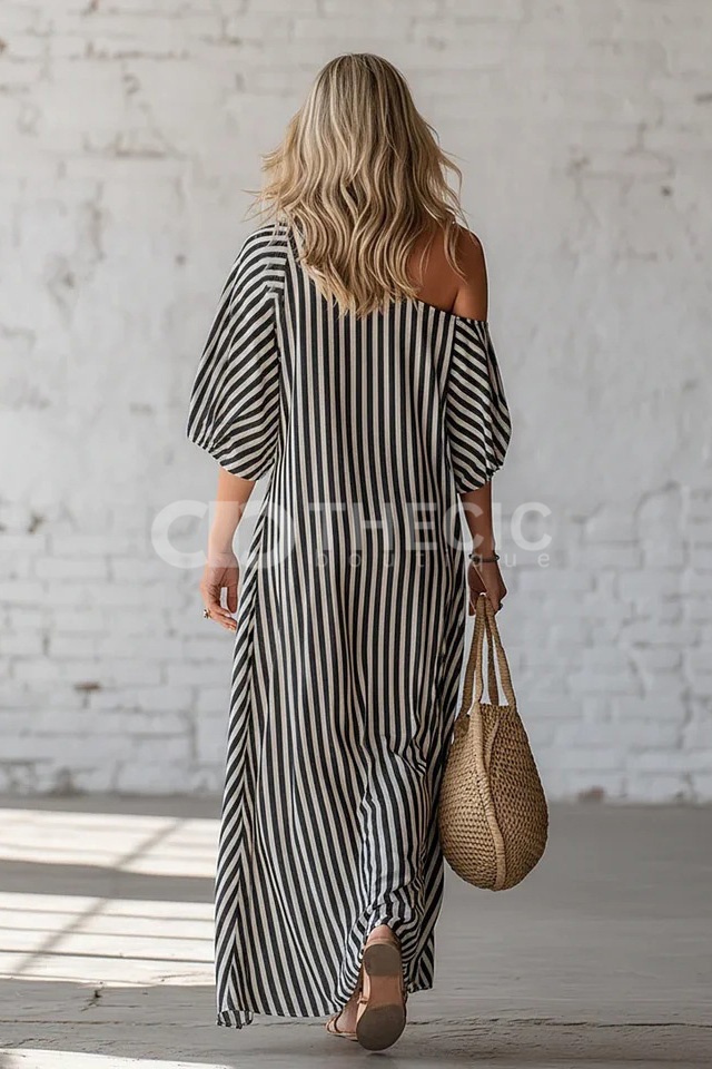 Off-Shoulder Striped Puff Sleeve Flowing Maxi Dress