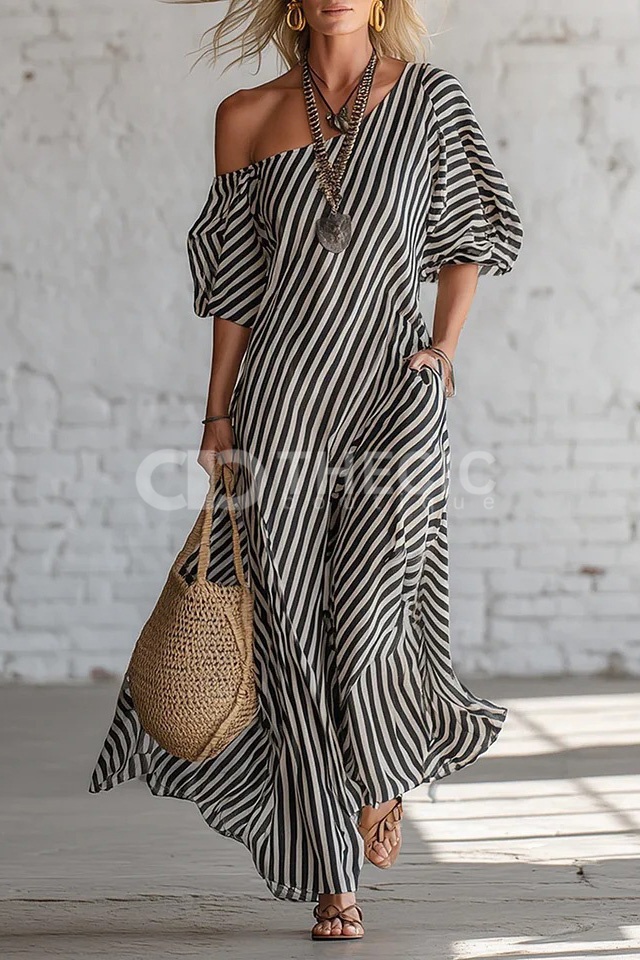 Off-Shoulder Striped Puff Sleeve Flowing Maxi Dress