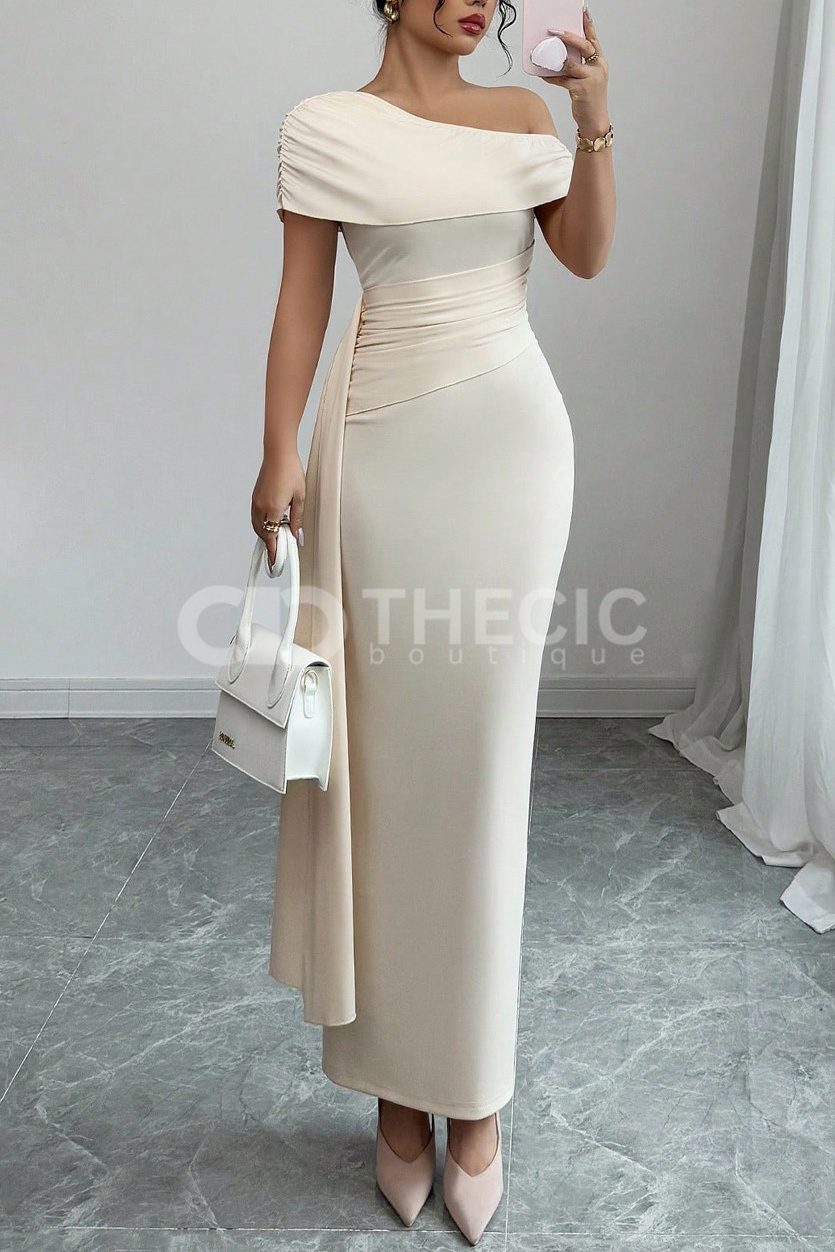 One-Shoulder Ruched Draped Bodycon Maxi Dress