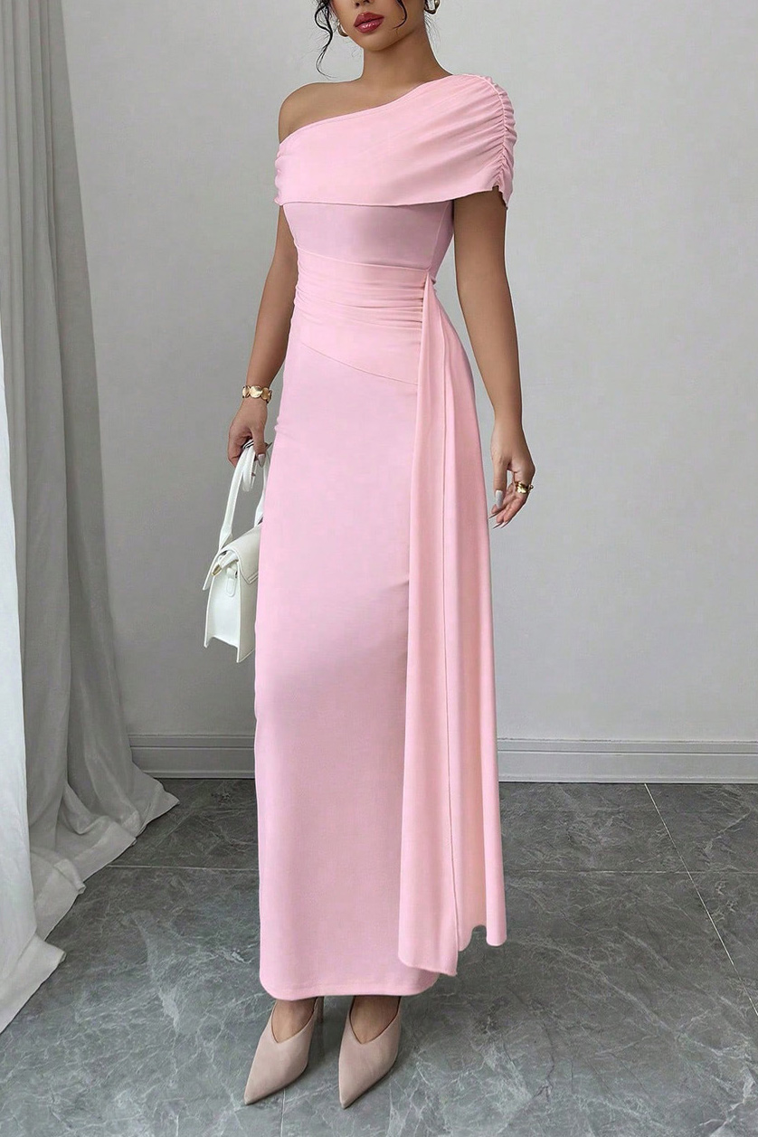 One-Shoulder Ruched Draped Bodycon Maxi Dress