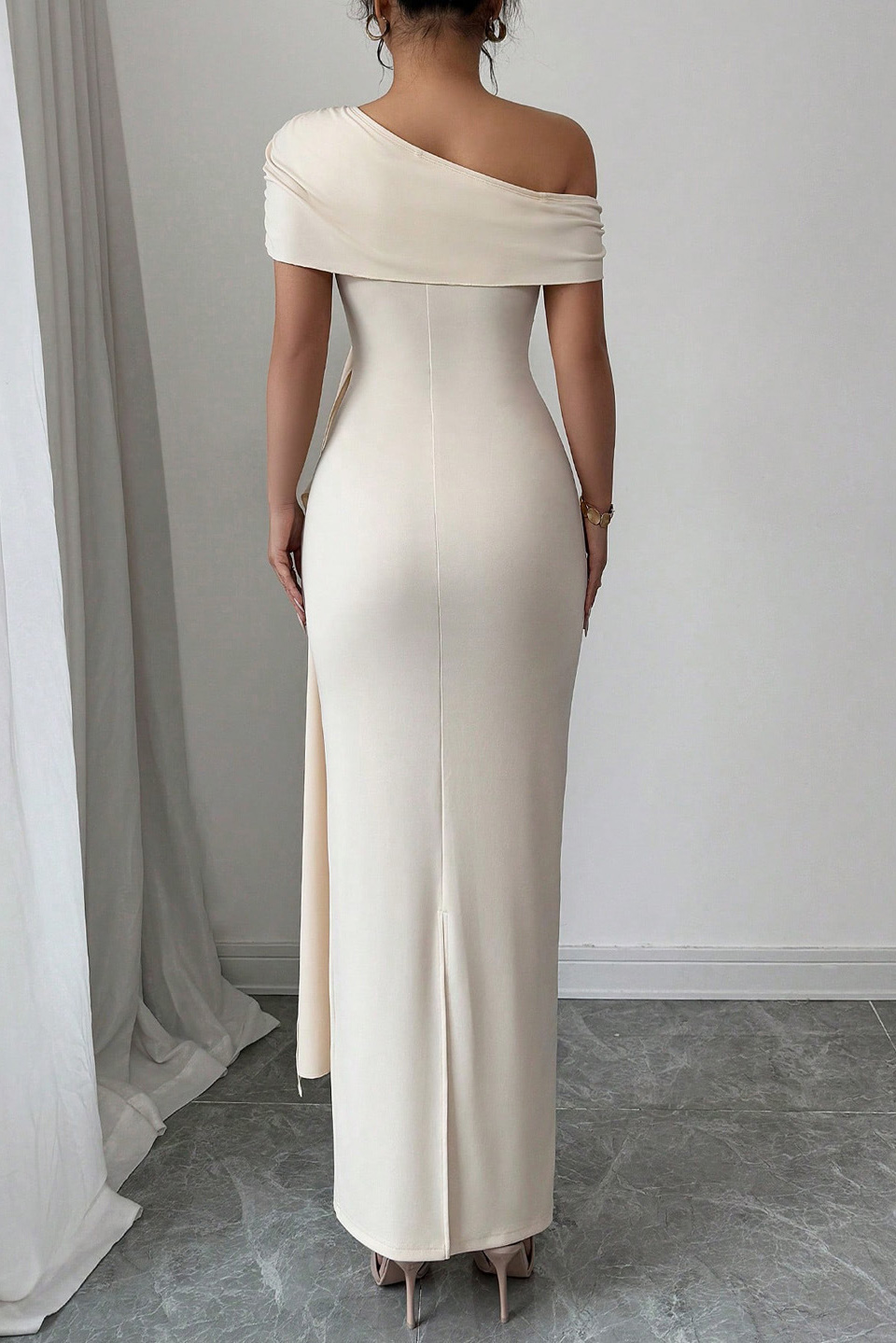One-Shoulder Ruched Draped Bodycon Maxi Dress