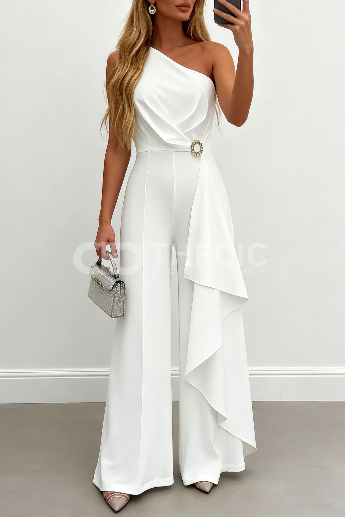 One-Shoulder Ruffle Wide-Leg Jumpsuit with Buckle Accent