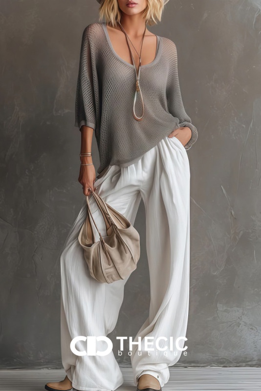Open Knit Dolman Sleeve Wide Leg Two Piece Set