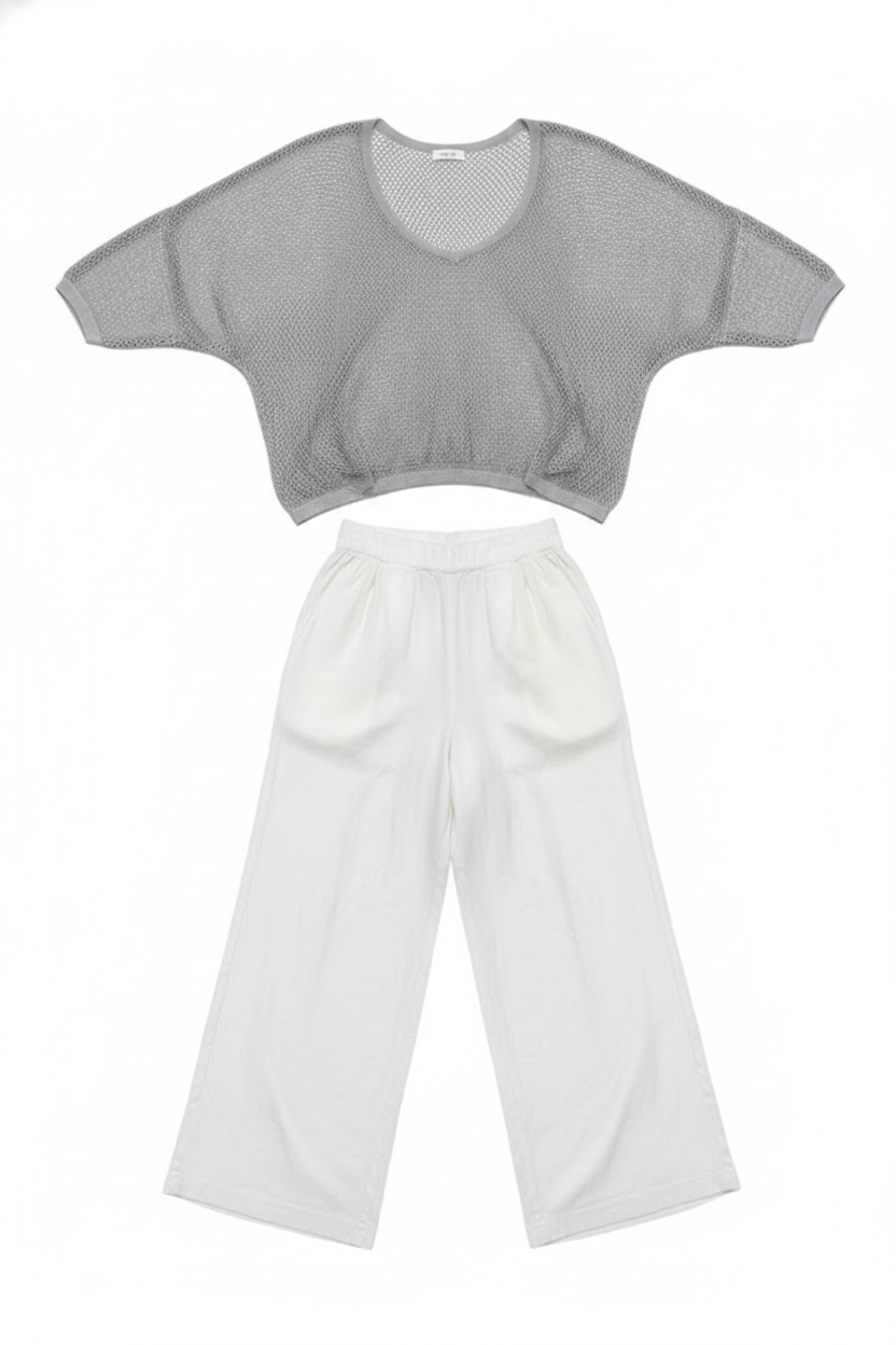 Open Knit Dolman Sleeve Wide Leg Two Piece Set