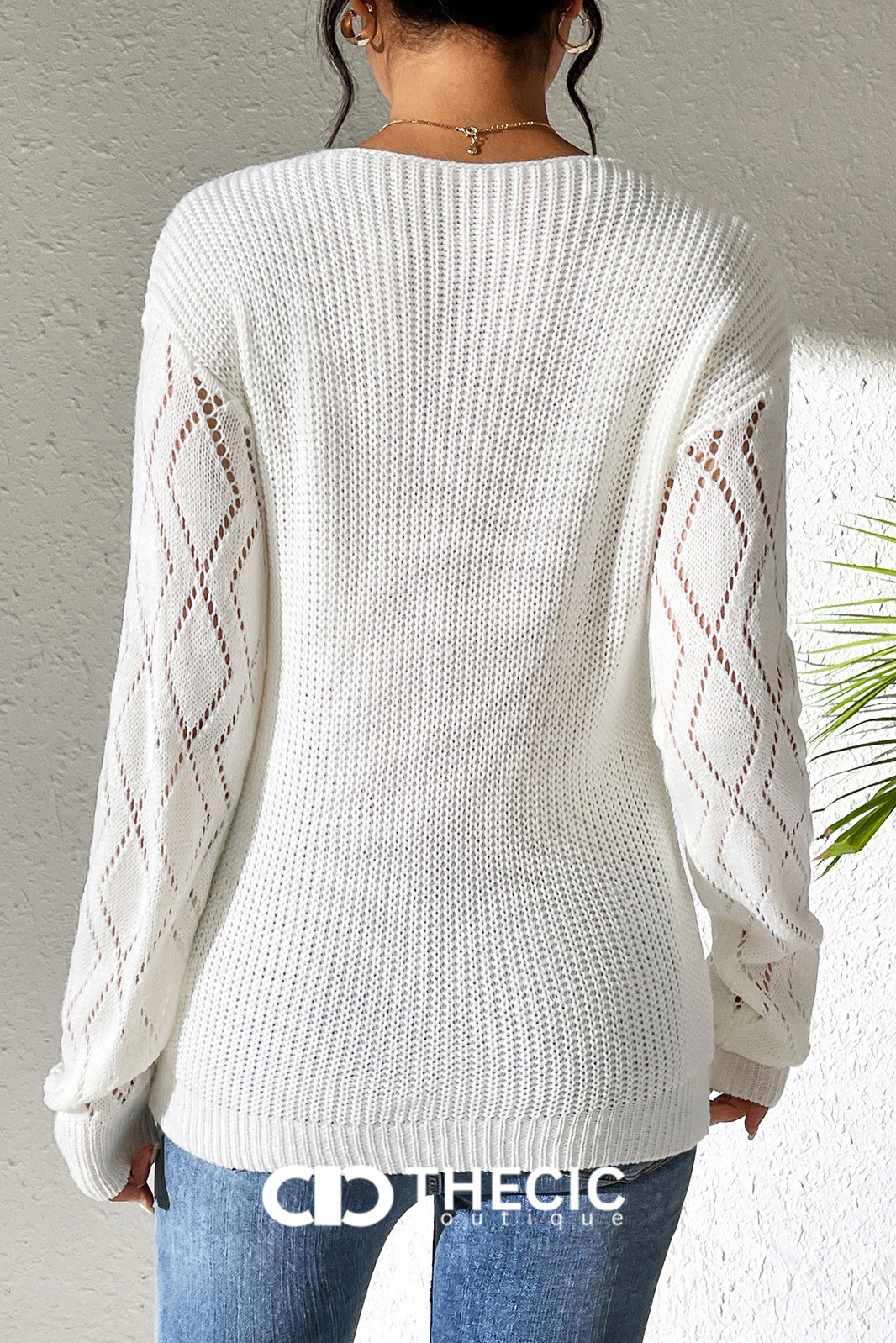 Open-Knit Lace Trim V-Neck Sweater