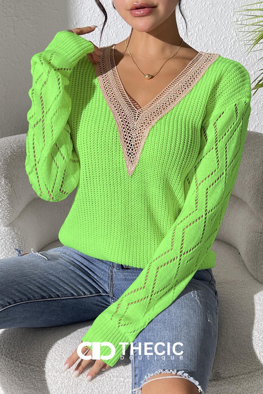 Open-Knit Lace Trim V-Neck Sweater