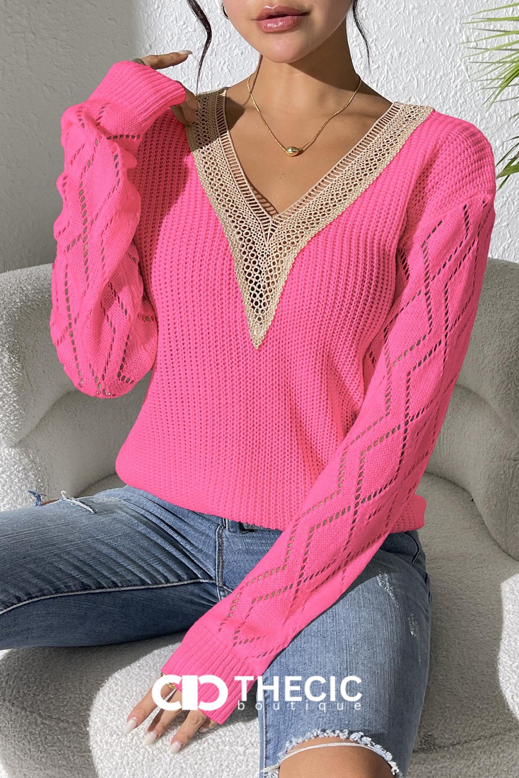 Open-Knit Lace Trim V-Neck Sweater
