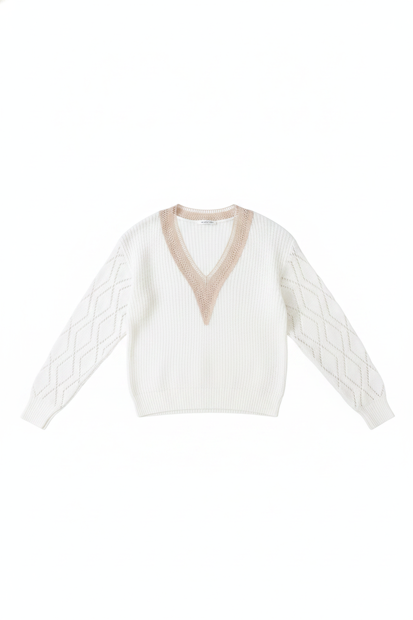 Open-Knit Lace Trim V-Neck Sweater