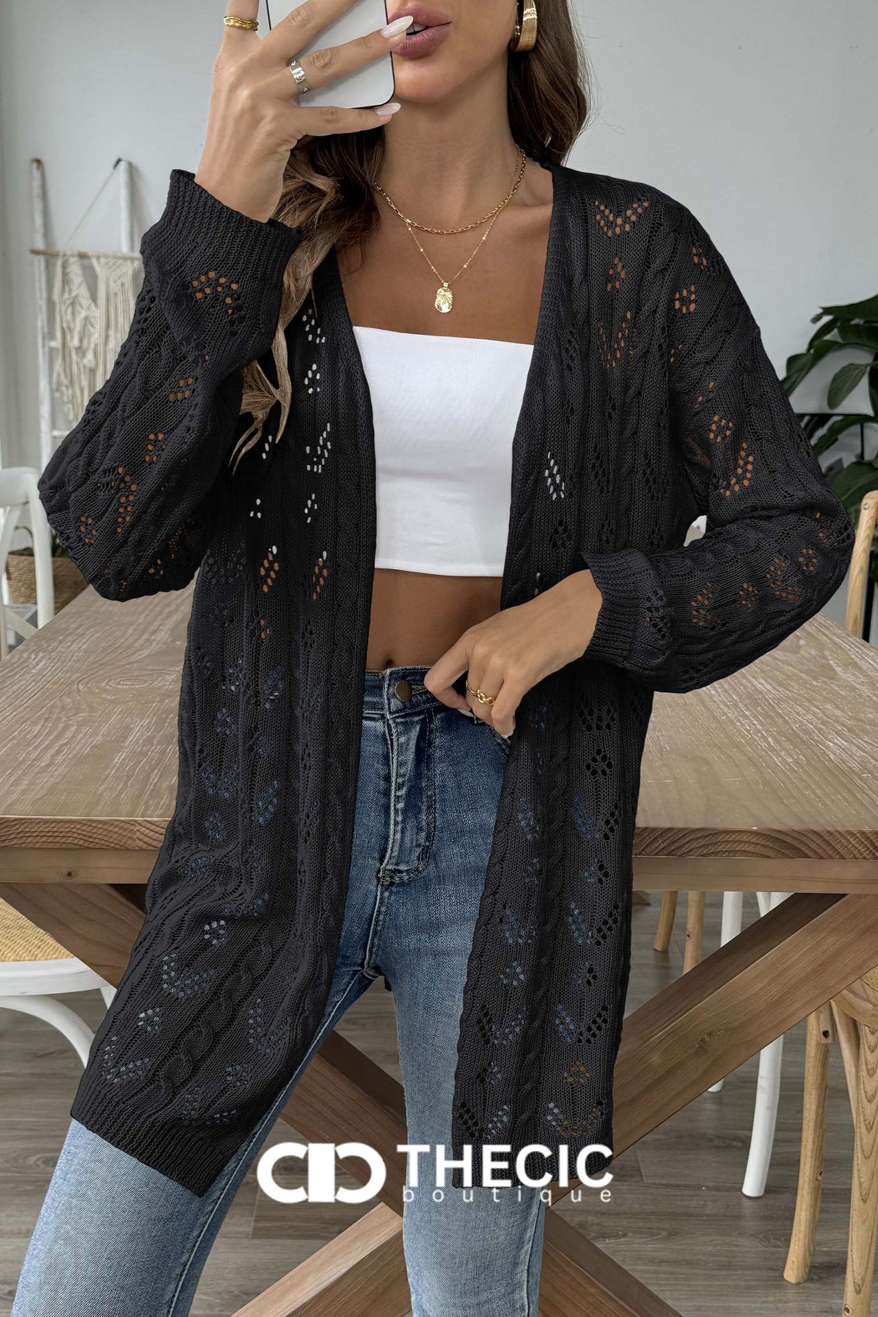 Open Knit Longline Open Front Cardigan