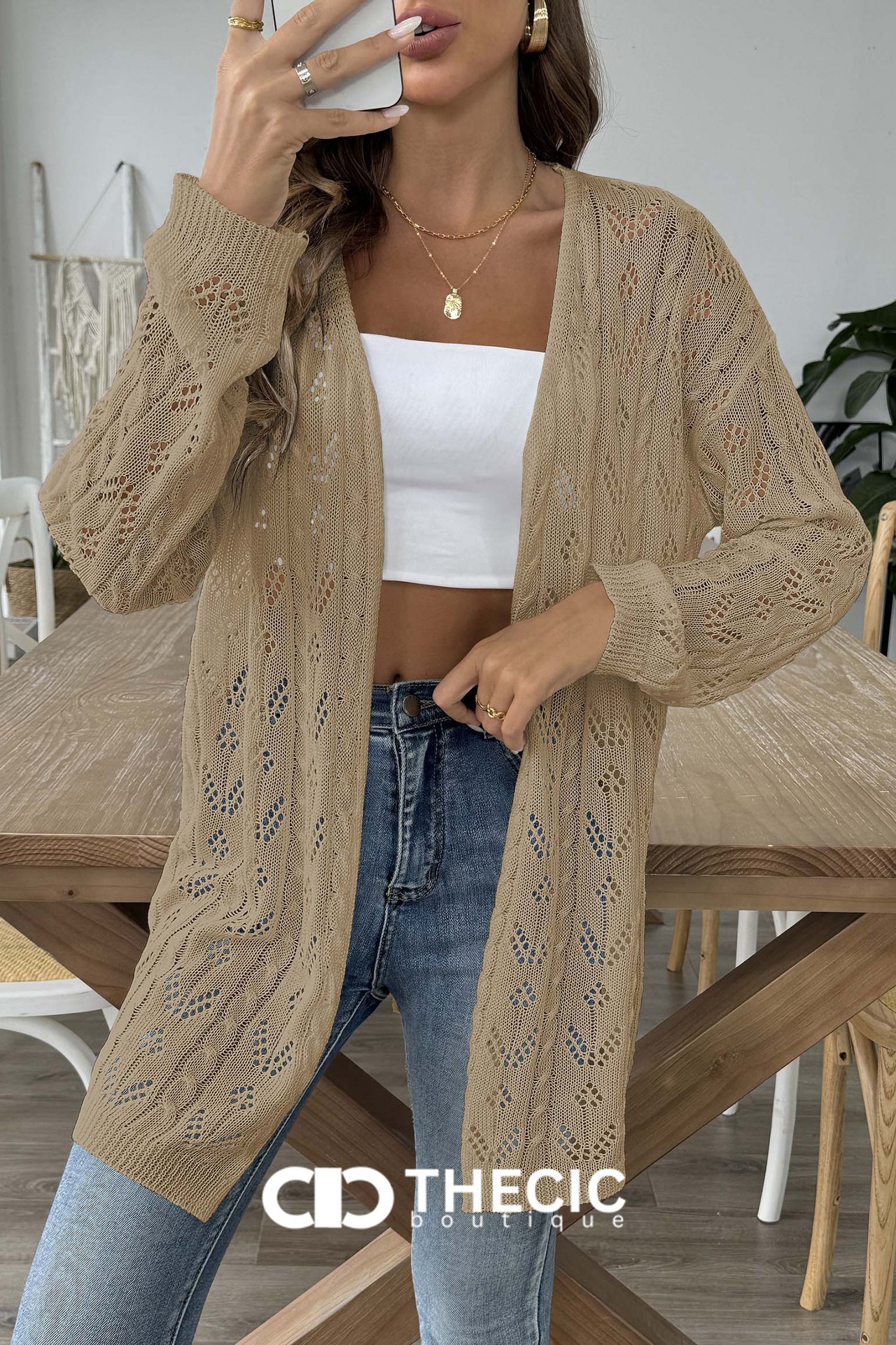 Open Knit Longline Open Front Cardigan