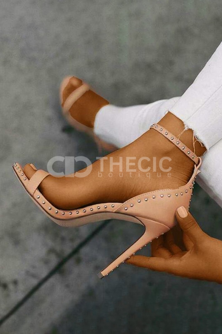 Open-Toe Studded Ankle-Strap Stiletto Sandals