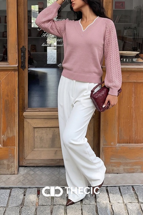 Openwork Raglan Sleeve V-Neck Knit Sweater