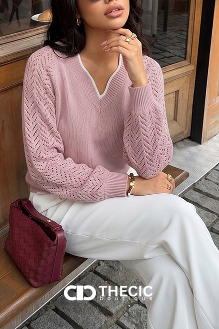 Openwork Raglan Sleeve V-Neck Knit Sweater