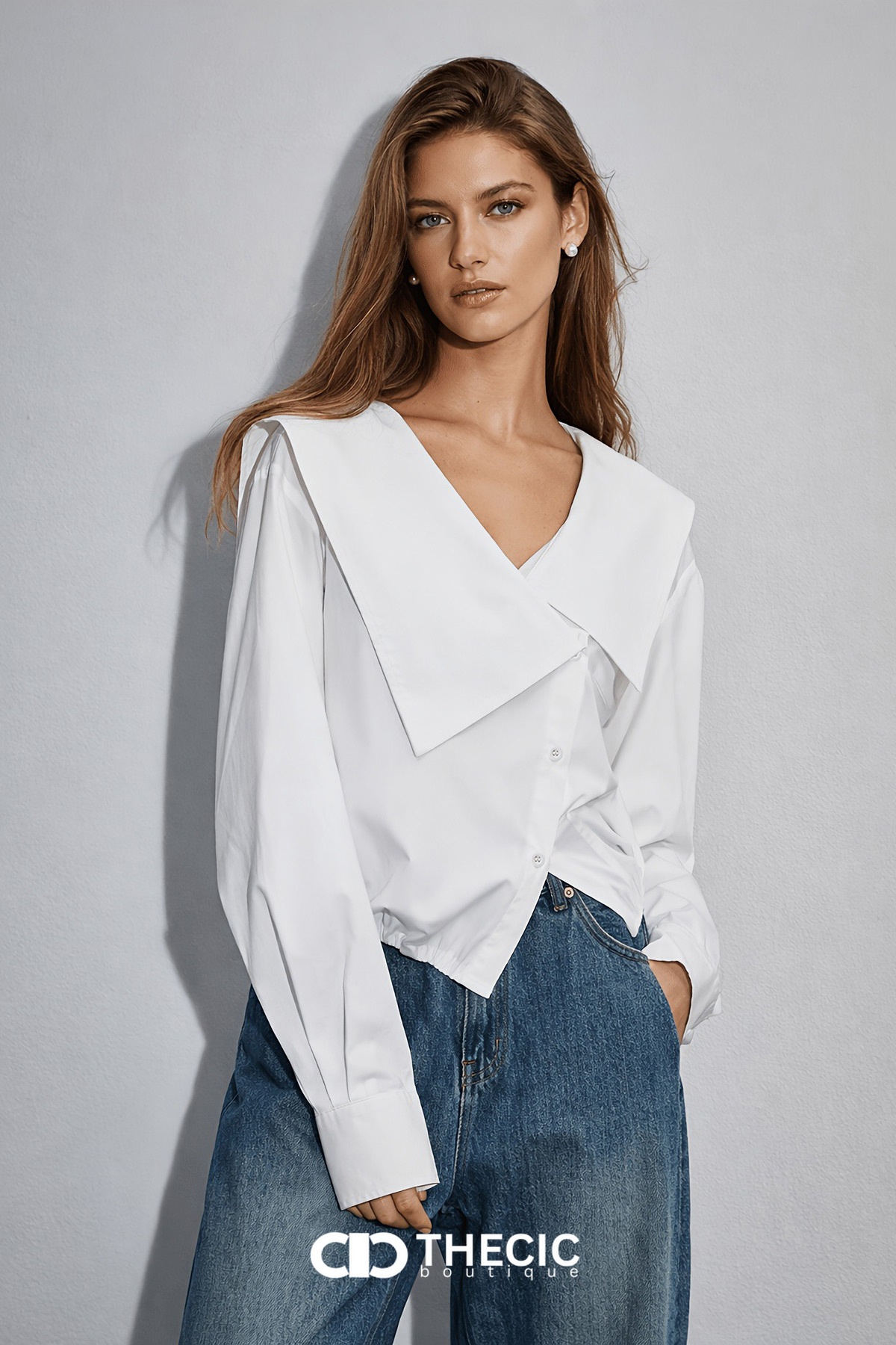 Oversized Collar Asymmetrical Button Drawstring Hem Blouse