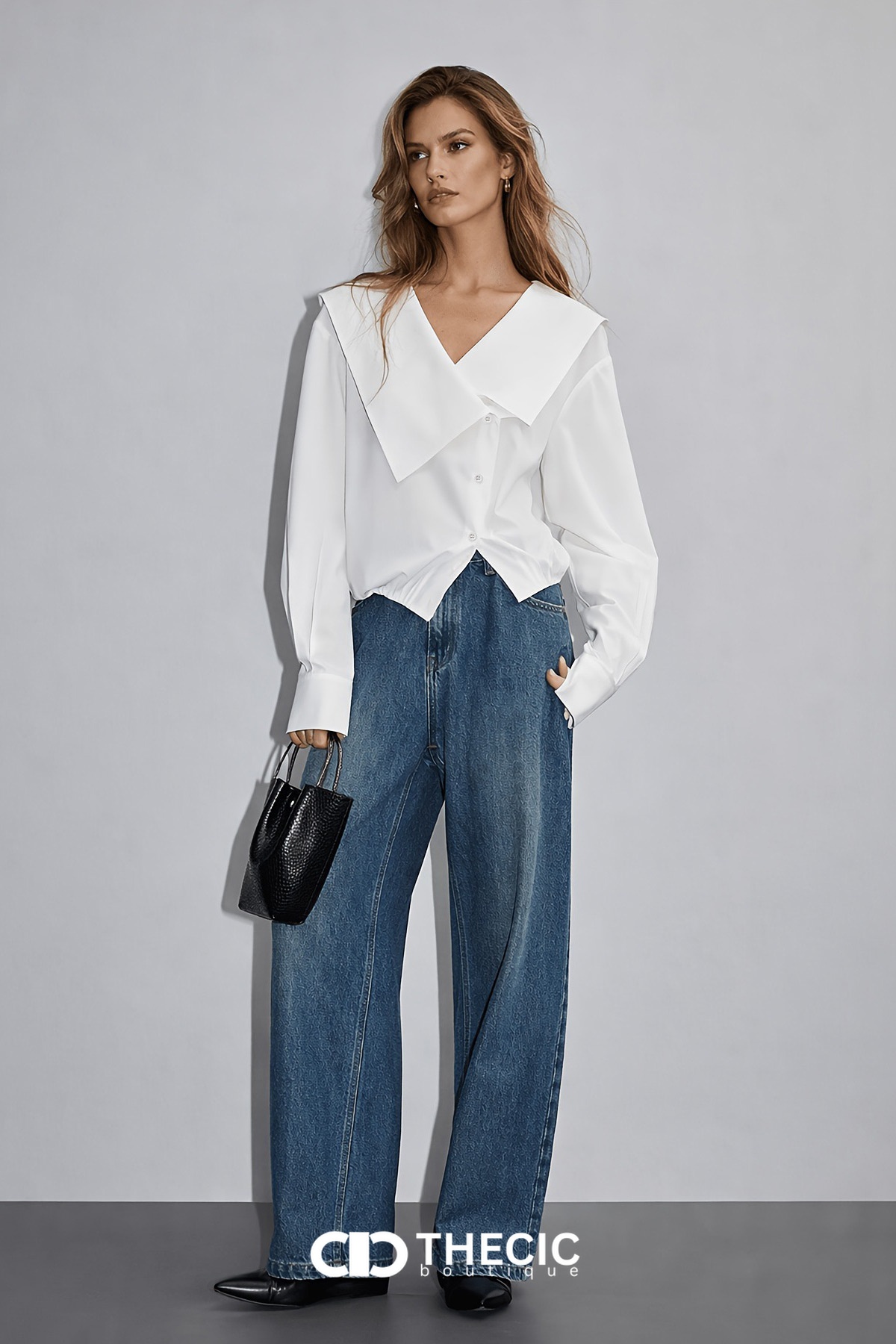 Oversized Collar Asymmetrical Button Drawstring Hem Blouse